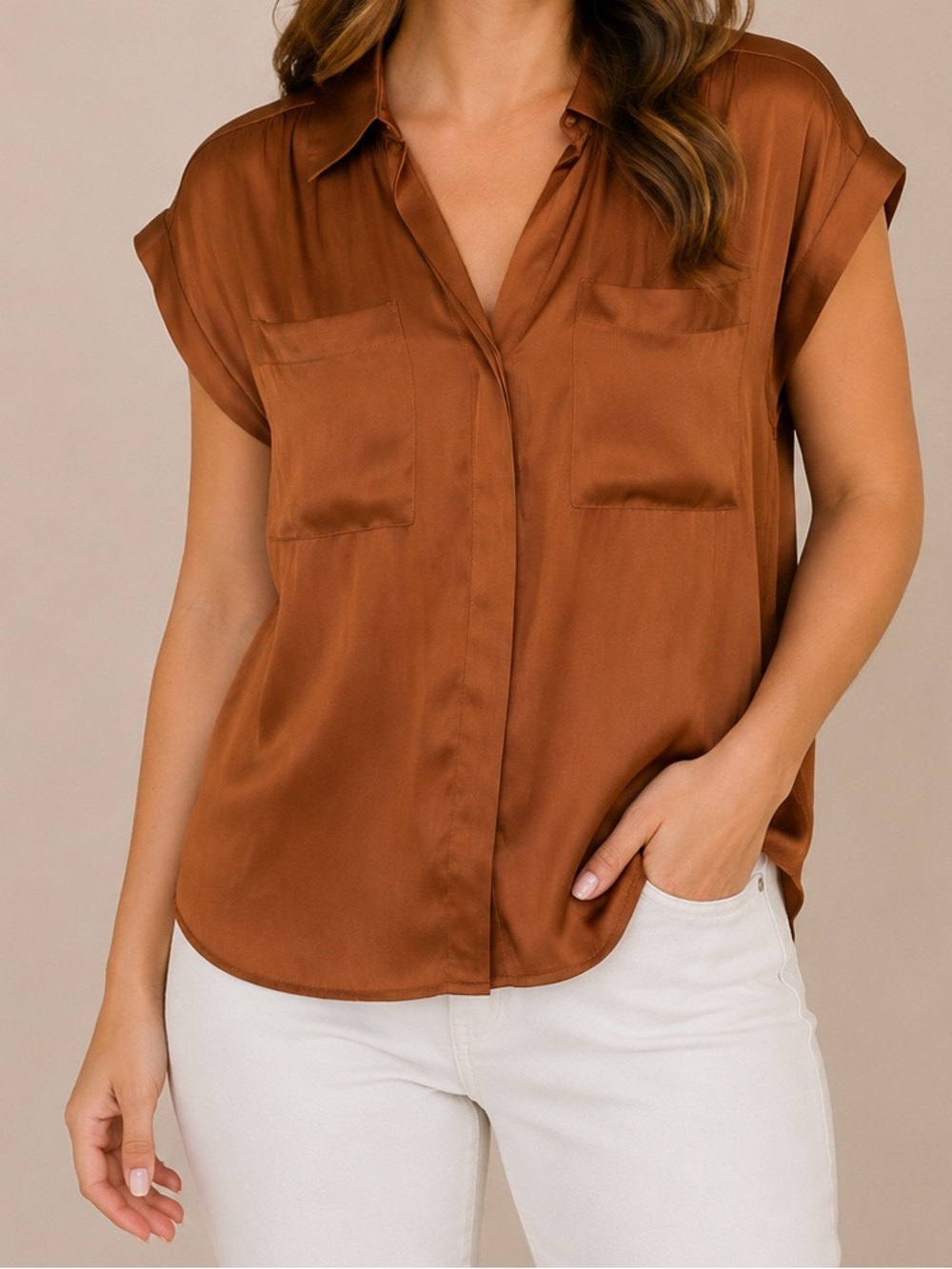 Evereve | Brown Satin Cap-Sleeve Button-Front Top | Size XS | Like New | Classic